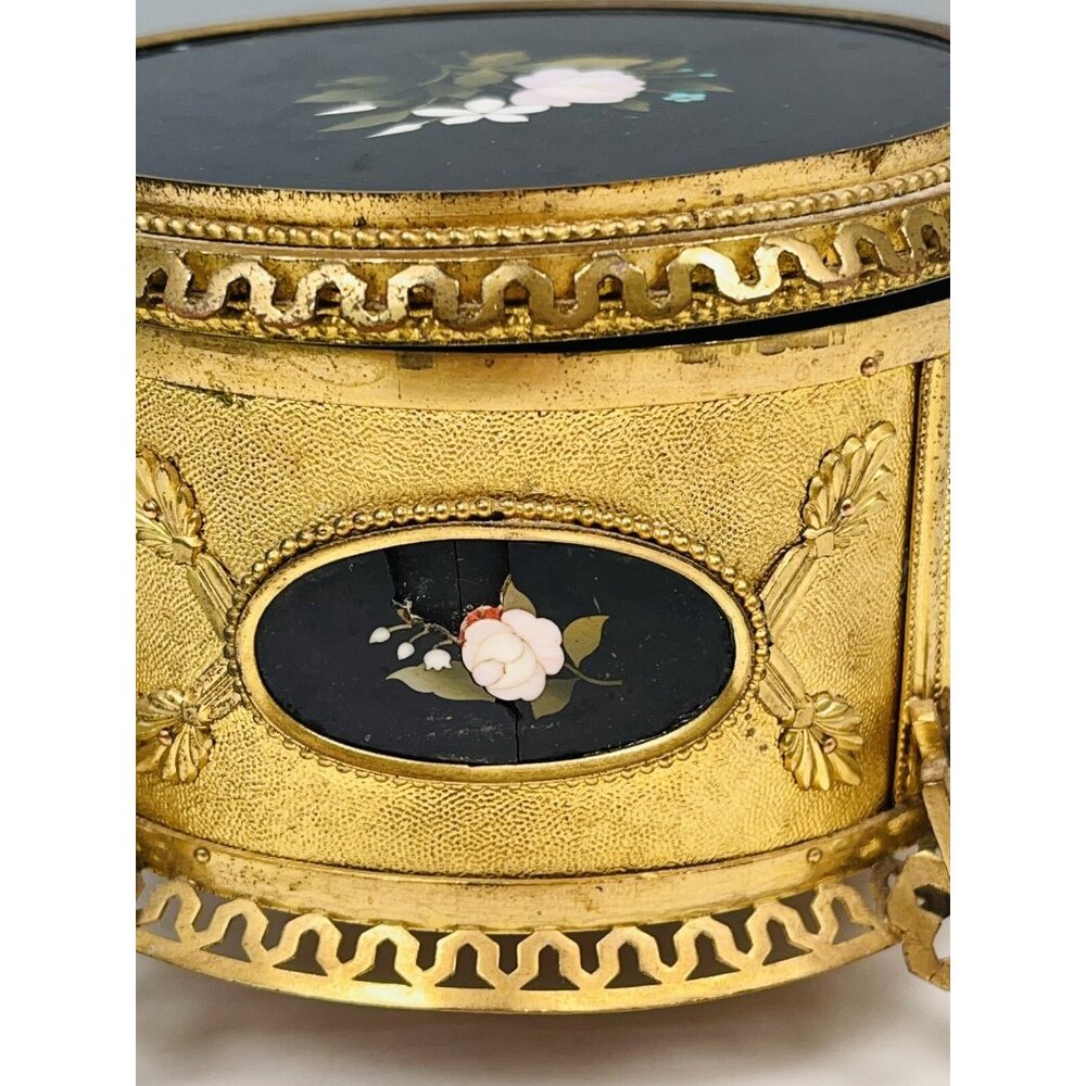 Antique 6.5" Pietra Dura Micromosaic Round Gilt-Bronze JEWELRY BOX w/ Velvet Key - Picture 4 of 12